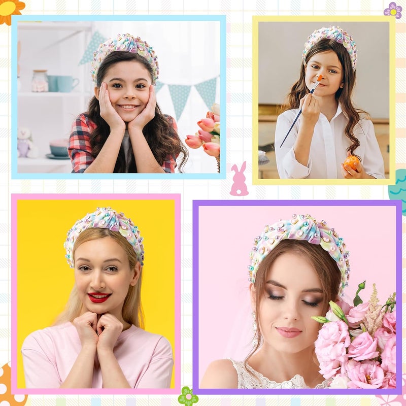 PANTIDE Easter Jeweled Knotted Headband - Colorful Pearl Rhinestone Beads Embellished Headband Non Slip Wide Top Knot Costume Hairband Hair Accessories Spring Birthday Gift for Women Girls (Plaid) - Image 5